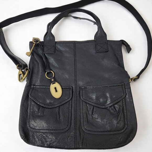 Fossil Slouchy Black Leather Crossbody Tote Bag | Boho Minimalist Everyday Purse - Picture 1 of 10